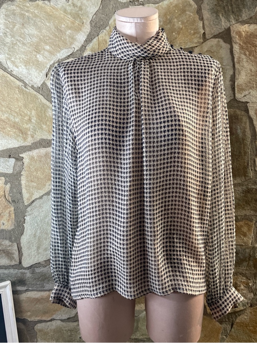 Carlisle Silk Houndstooth Blouse High Neck Button Detail Vintage Chic